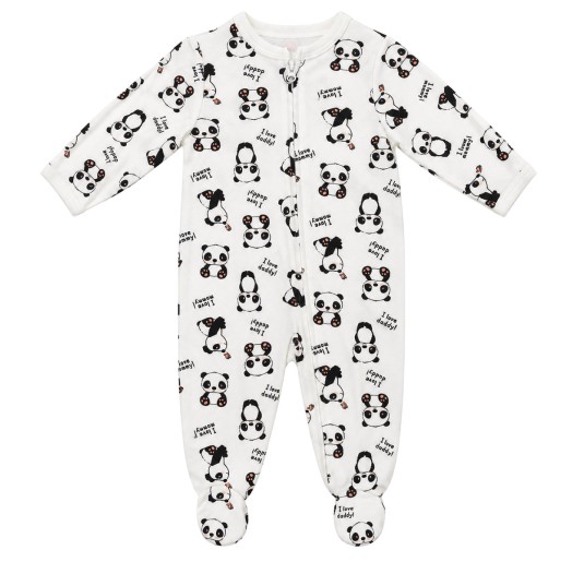 Pigiamino tutina zip Baby On Board bianco con stampa panda e piedini integrati