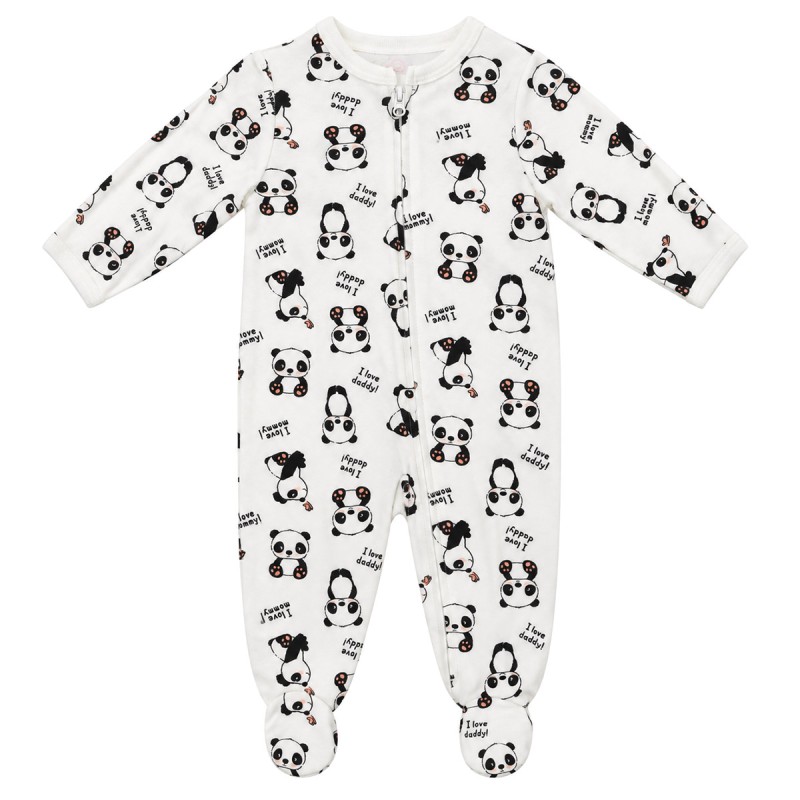 Pigiamino tutina zip Baby On Board bianco con stampa panda e piedini integrati