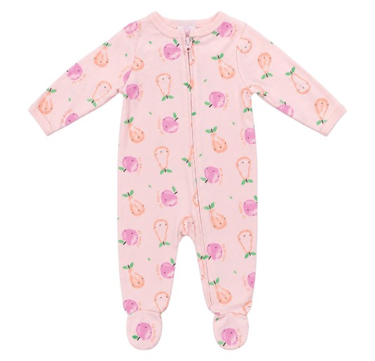 Baby On Board pink zip sleepsuit with fruit print and integrated feet