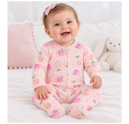 Baby On Board pink zip sleepsuit with fruit print and integrated feet 2