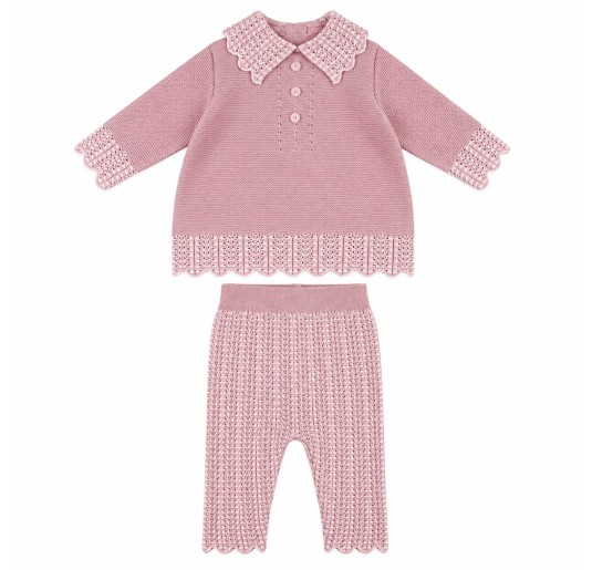 Completino neonata in pura lana Stella rosa marsala con maglia e pantalone coordinati