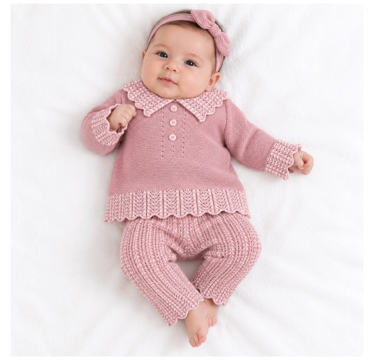 Pure wool baby girl set Stella in marsala pink with matching knitted top and trousers 2
