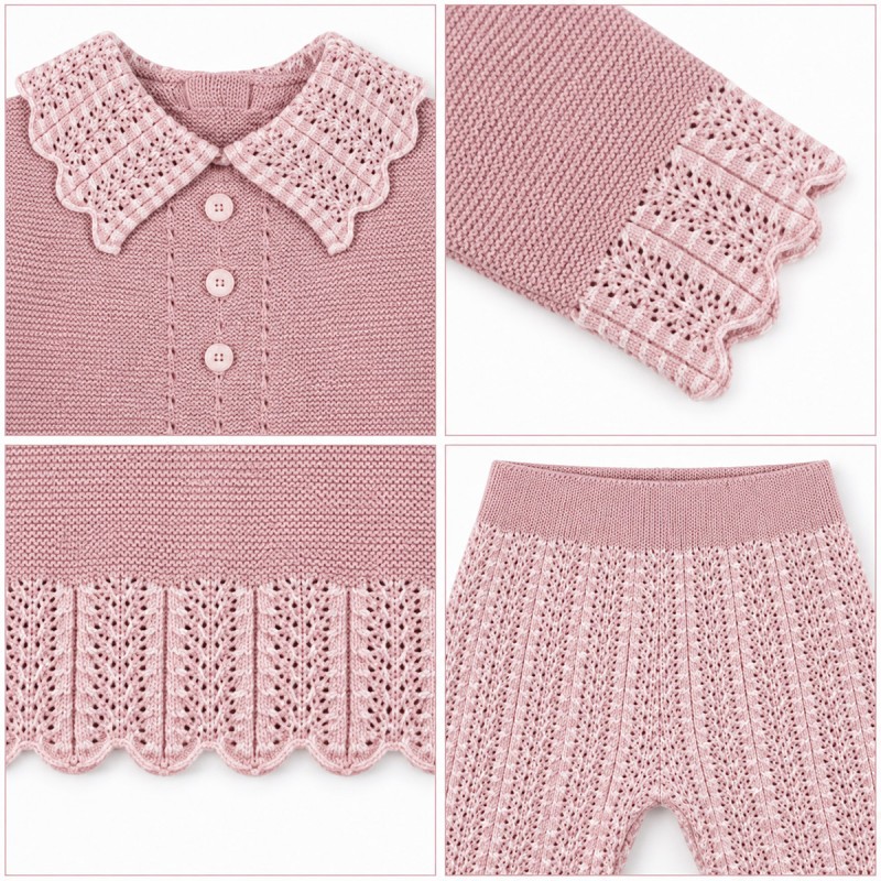 Marsala pink baby girl wool set Stella with openwork collar and scalloped edges