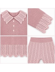 Marsala pink baby girl wool set Stella with openwork collar and scalloped edges