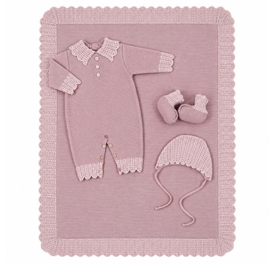 Stella IB40 newborn baby girl layette set in pure wool dusty rose