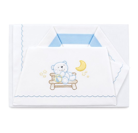 Baby cot bedding set in pure cotton with embroidered teddy bear, moon and stars