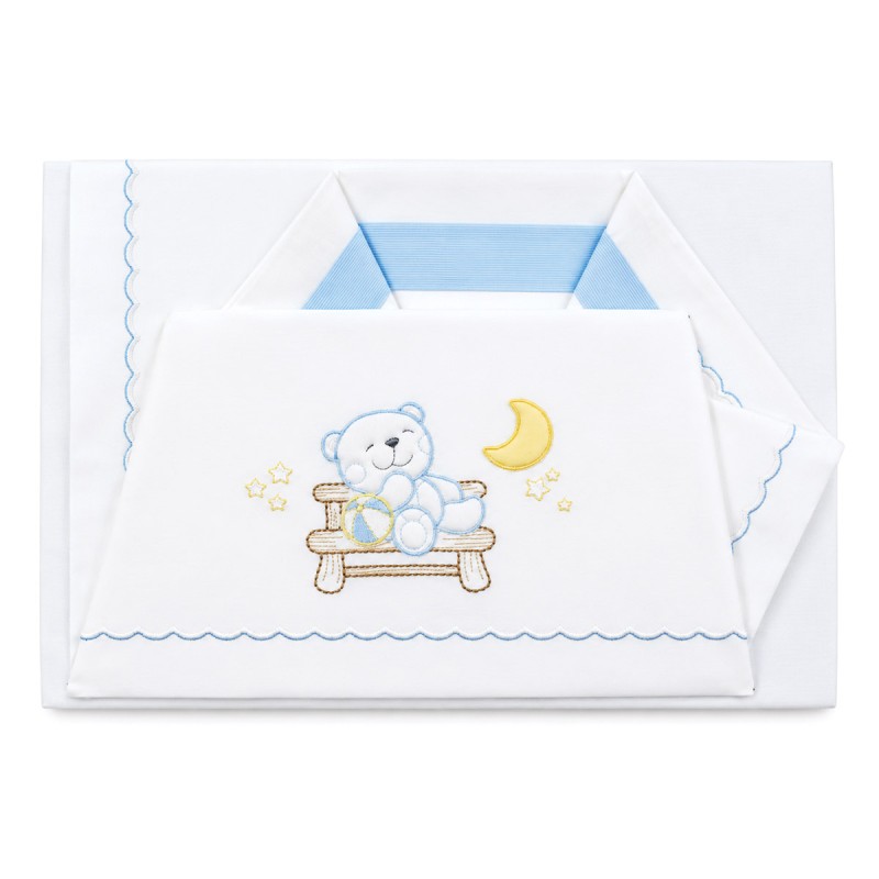 Baby cot bedding set in pure cotton with embroidered teddy bear, moon and stars