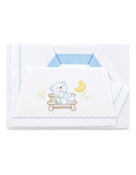 Baby cot bedding set in pure cotton with embroidered teddy bear, moon and stars