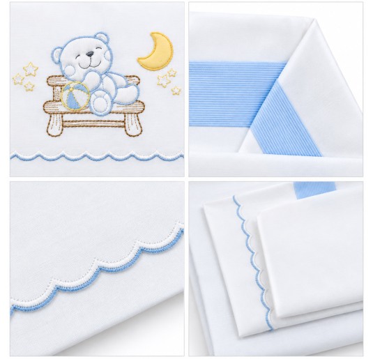 Baby cot bedding set in pure cotton with embroidered teddy bear, moon and stars 2