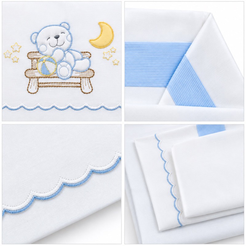 Baby cot bedding set 60x130 cm with teddy bear embroidery and blue trim