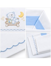 Baby cot bedding set 60x130 cm with teddy bear embroidery and blue trim