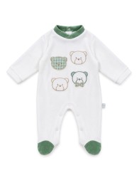 White baby velour romper with four embroidered teddy bears and green details