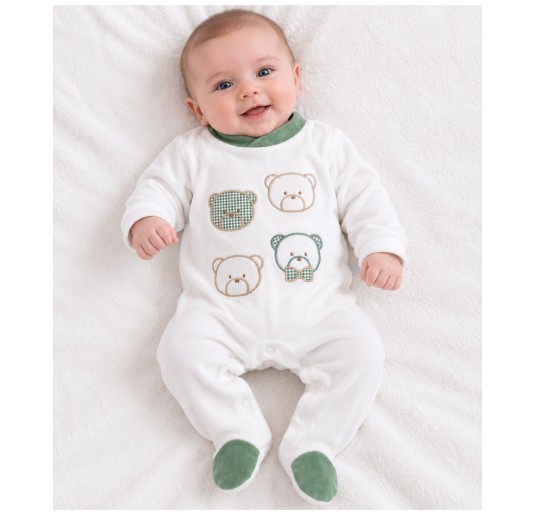 White baby velour romper with four embroidered teddy bears and green details 2