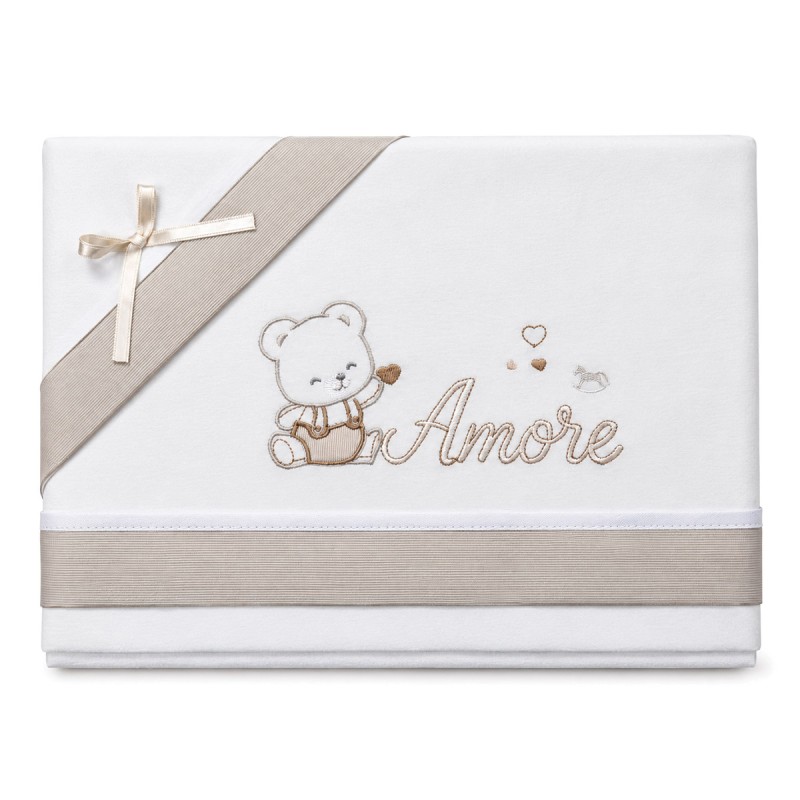 Cot and pram flannel sheets with Teddy Bear Amore embroidery