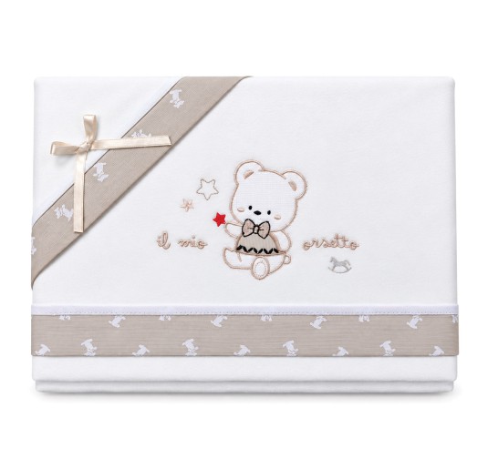 Cot and pram flannel sheets with Il mio orsetto embroidery