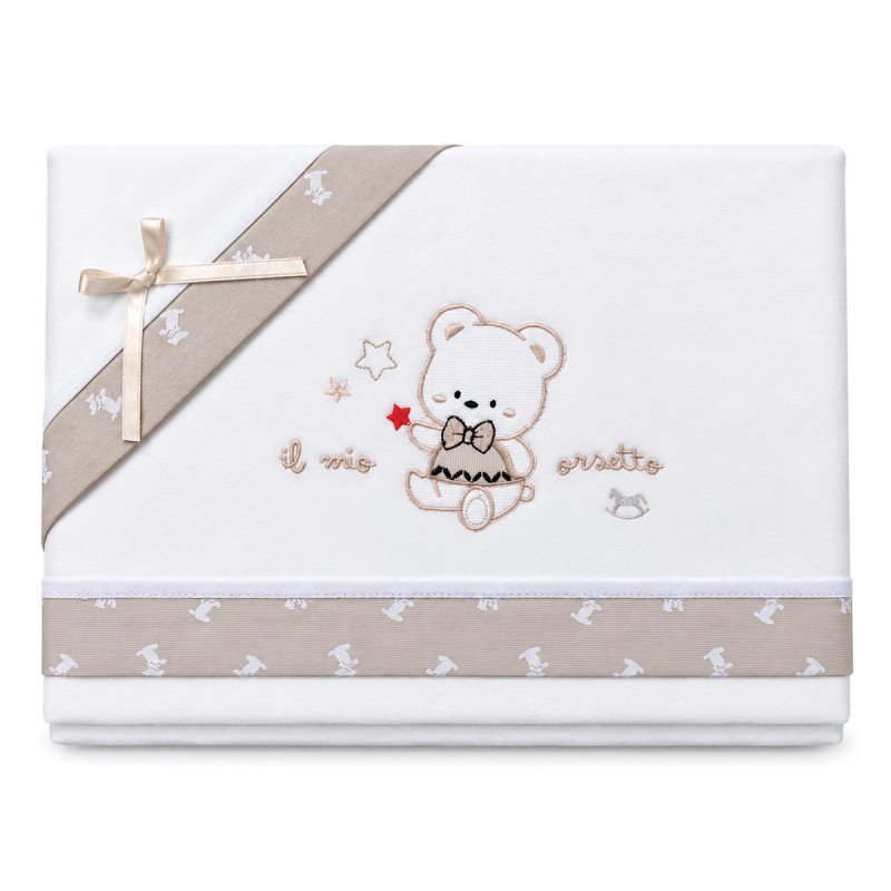 Cot and pram flannel sheets with Il mio orsetto embroidery