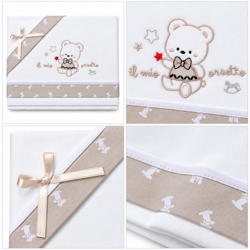 100% cotton flannel cot sheet set with teddy bear embroidery