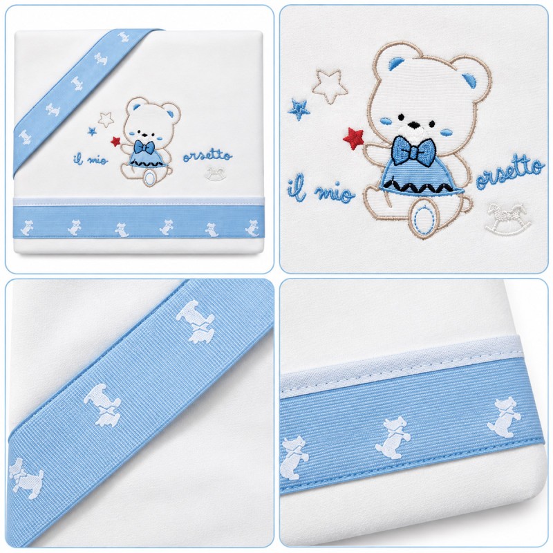 100% cotton flannel cot sheet set with teddy bear embroidery