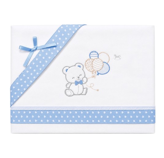 Embroidered flannel baby cot sheet set with teddy bear and balloons