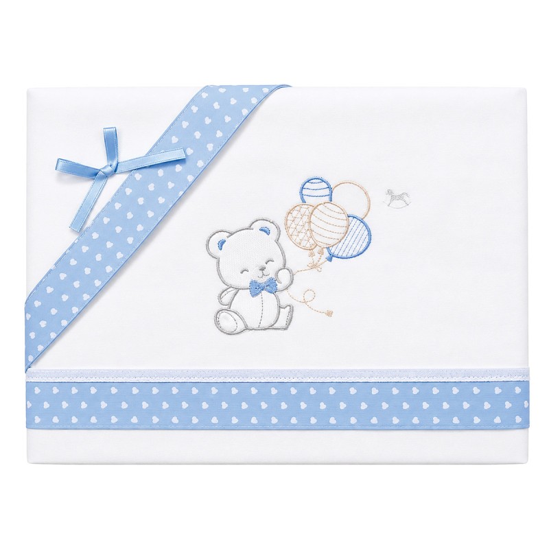 Embroidered flannel baby cot sheet set with teddy bear and balloons