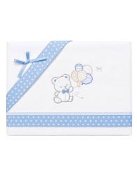 Embroidered flannel baby cot sheet set with teddy bear and balloons