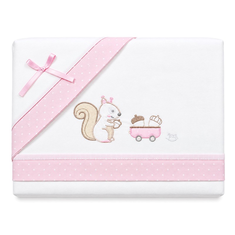 Embroidered flannel baby cot sheet set with squirrel and little cart
