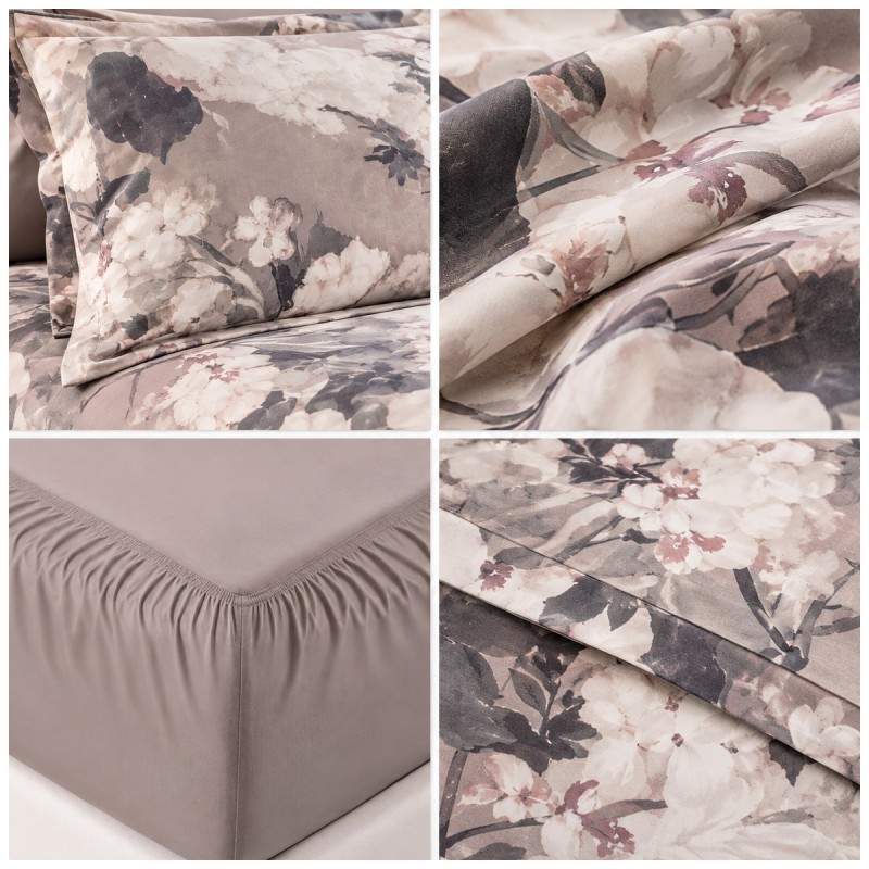 Close-up of pure cotton 300 TC sateen with floral pattern and three-flounce pillowcases