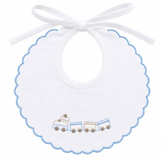 18x18 cm pure cotton baby bib with blue scalloped trim and train embroidery