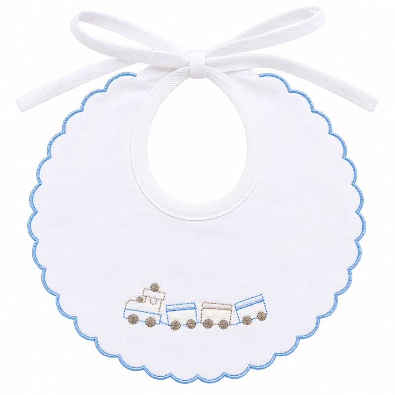18x18 cm pure cotton baby bib with blue scalloped trim and train embroidery