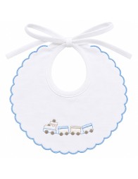18x18 cm pure cotton baby bib with blue scalloped trim and train embroidery