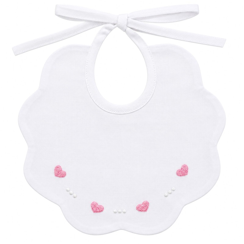 18x18 cm pure cotton baby bib with scalloped edge and embroidered pink hearts