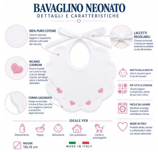 Bavaglino in puro cotone con ricamo cuoricini rosa -... 2
