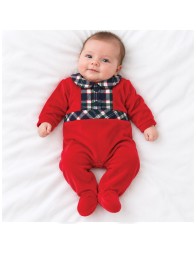 Tutina natalizia in ciniglia con colletto Tartan - C60902 - Coccode'