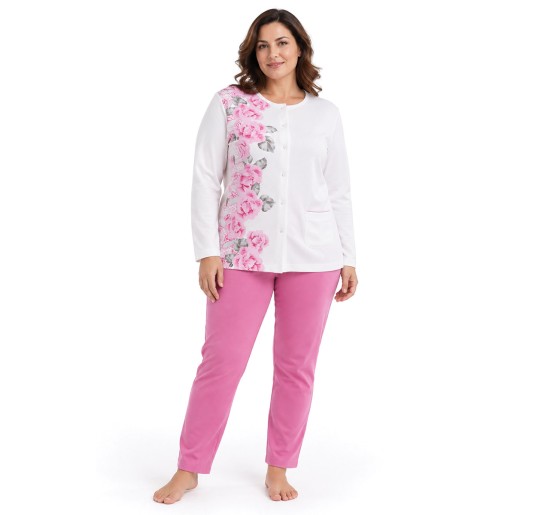 Pigiama donna Venere in caldo cotone interlock con maglia floreale e pantalone rosa tinta unita