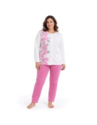 Pigiama donna Venere in caldo cotone interlock con maglia floreale e pantalone rosa tinta unita