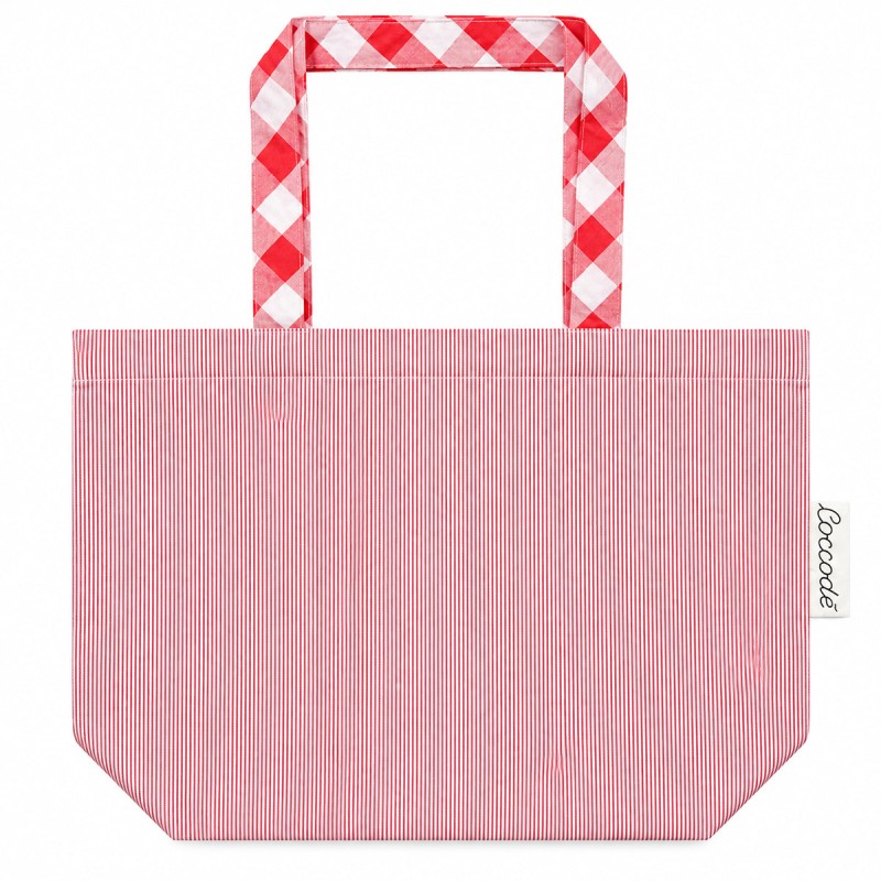 Coccode' baby laundry bag with red and white stripes and matching checkered fabric handles