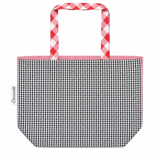 Coccode' baby laundry bag with red and white stripes and matching checkered fabric handles 2