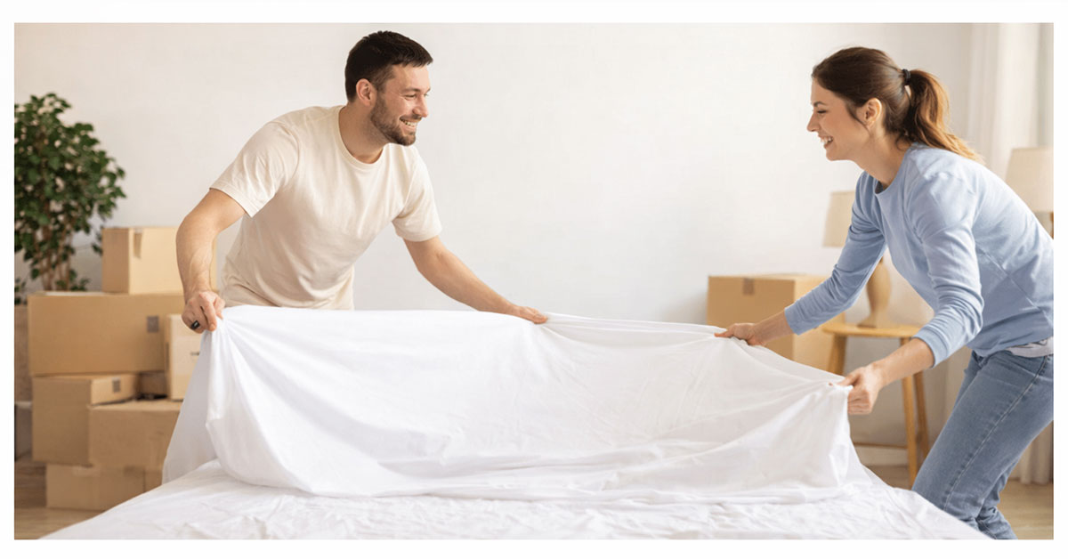 Couple making the bed with Corredo Italiano sheets