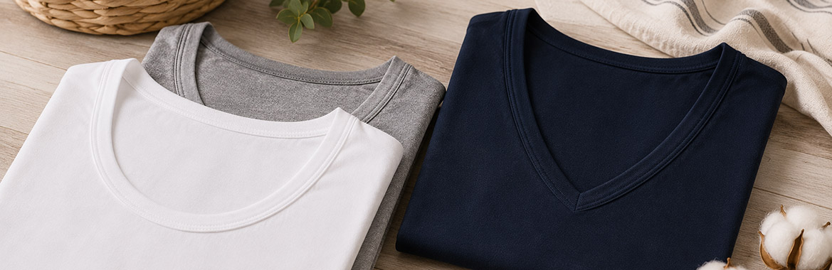 Magliette intime uomo girocollo e con collo a V in cotone, modal e misto cotone con elastan, confronto tra i materiali per scegliere l'intimo pi&ugrave; confortevole.